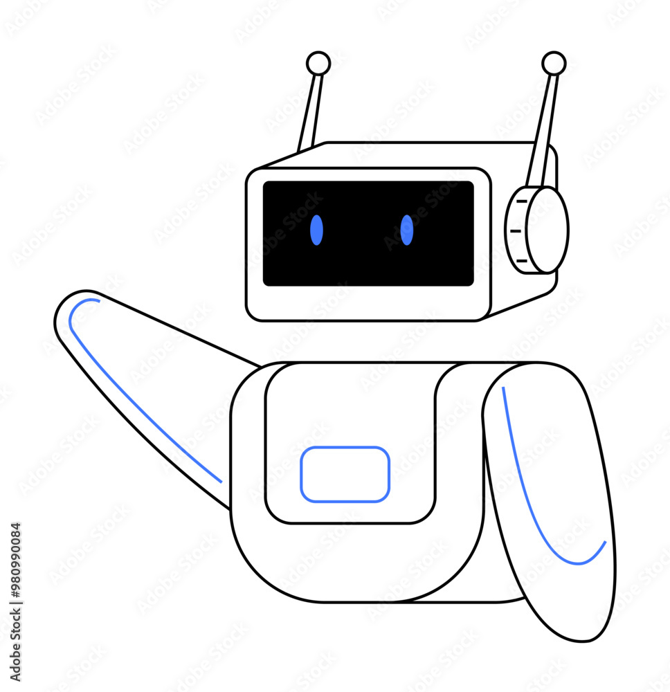 Poster a robot with a screen face, antennas, and raised arm is waving. simple colours and clean lines enhan