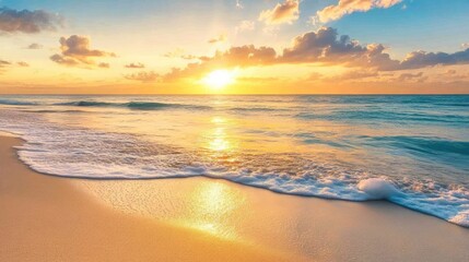 Fototapeta premium A serene beach sunset with soft waves and golden sand, perfect for relaxation