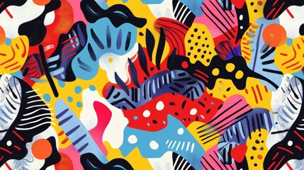 This background design features a playful and vibrant mix of abstract shapes and patterns in bright colors