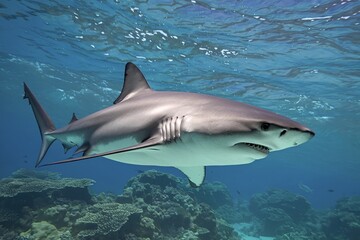 Naklejka premium A large gray shark swimming in clear blue water