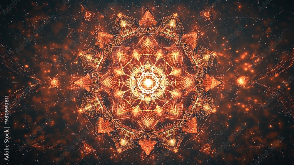 Poster abstract fiery geometric pattern with glowing light.