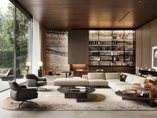 Obraz premium A modern living room featuring spacious layout with large sectional sofa, stylish armchairs, and round coffee table. elegant design incorporates natural light and earthy tones, creating serene atmosph
