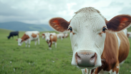 A herd of cows grazing in a wide-open pasture, with one cow gazing straight at the camera, capturing the peaceful and playful spirit of the countryside.