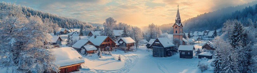Panoramic aerial view of a snowy village with a towering church steeple, a beacon of the Christmas spirit