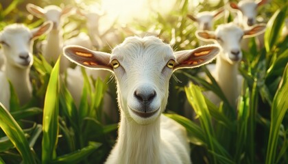 Obraz premium A lively group of goats nibbling on grass in a sunlit meadow, with one goat locking eyes with the camera, surrounded by vibrant greenery.
