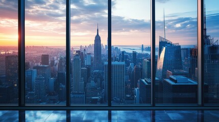 A view of a city skyline from an office window