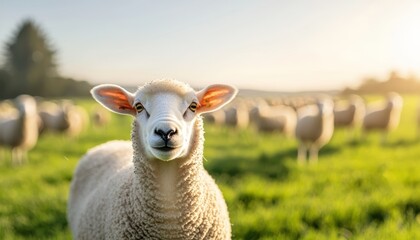 Fototapeta premium A peaceful flock of sheep scattered across a sunny field, with one sheep looking directly into the camera, capturing the essence of rural serenity.