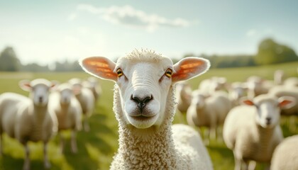 A peaceful flock of sheep scattered across a sunny field, with one sheep looking directly into the camera, capturing the essence of rural serenity.