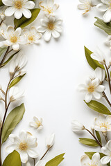 A white background with a border of white flowers and leaves with a copy space. Elegant composition for design projects or product promotional materials. Flat lay. Minimal spring and woman's day idea