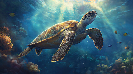 Fototapeta premium A green sea turtle swimming gracefully through the ocean, its large, textured shell reflecting the rays of sunlight that penetrate the water 
