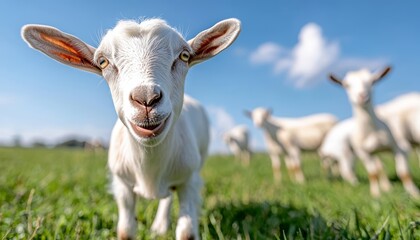 Obraz premium A playful group of goats grazing in a lush meadow, with one goat stepping forward to stare at the camera, surrounded by fresh green grass and sunlight.