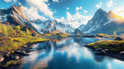 Fototapeta premium A 3D-rendered landscape with majestic mountains and serene rivers, creating a sense