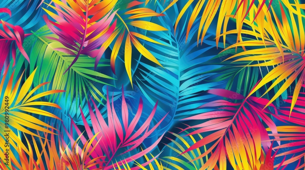 Poster this background design features a vibrant burst of tropical colors with overlapping palm leaf patter