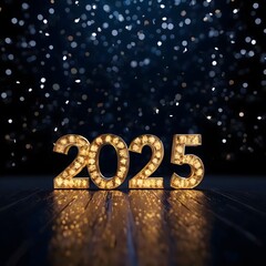 Happy New Year 2025 celebration background with festive bokeh lights and dark backdrop