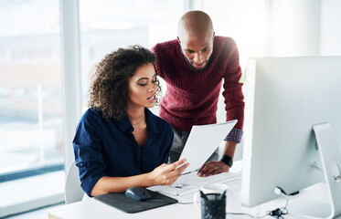 Project, woman and explaining to supervisor, office and reporter with paperwork, research and...