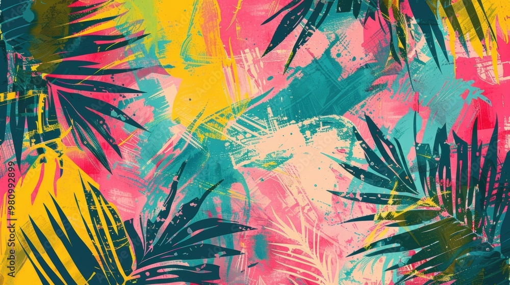 Poster this background design features a vibrant burst of tropical colors with overlapping palm leaf patter