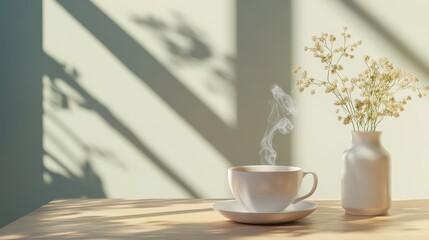 Fototapeta premium Coffee cup with steam, minimalist table setup, 3D illustration