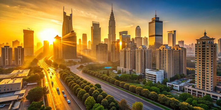 Soft morning light casts a warm glow on a peaceful urban landscape at dawn, with city skyscrapers and