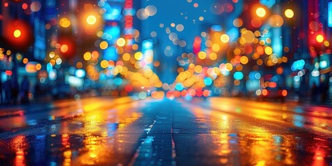 A scenic view of a vibrant city street at night with colorful bokeh lights and reflections on a wet surface creates a captivating urban atmosphere