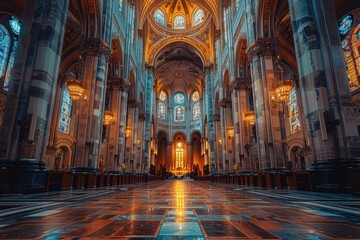 Fototapeta premium A breathtaking interior view of a grand cathedral, showcasing towering columns, intricate stained glass windows, and a magnificently detailed ceiling illuminated by warm lighting