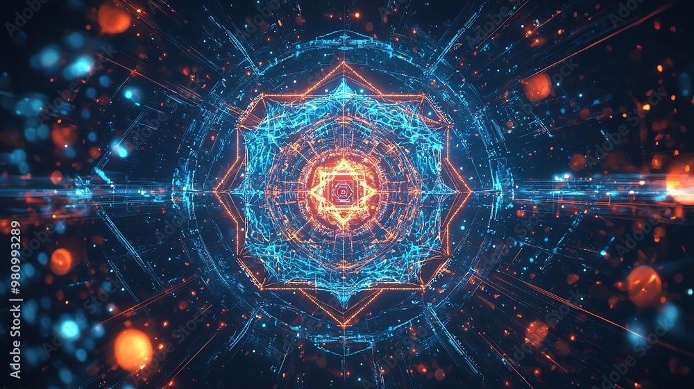 Poster abstract background with glowing neon lines and geometric shapes.