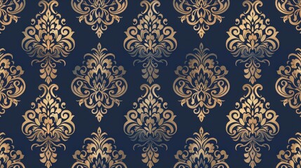 This background design showcases a classic damask pattern in muted gold on a rich navy blue base.