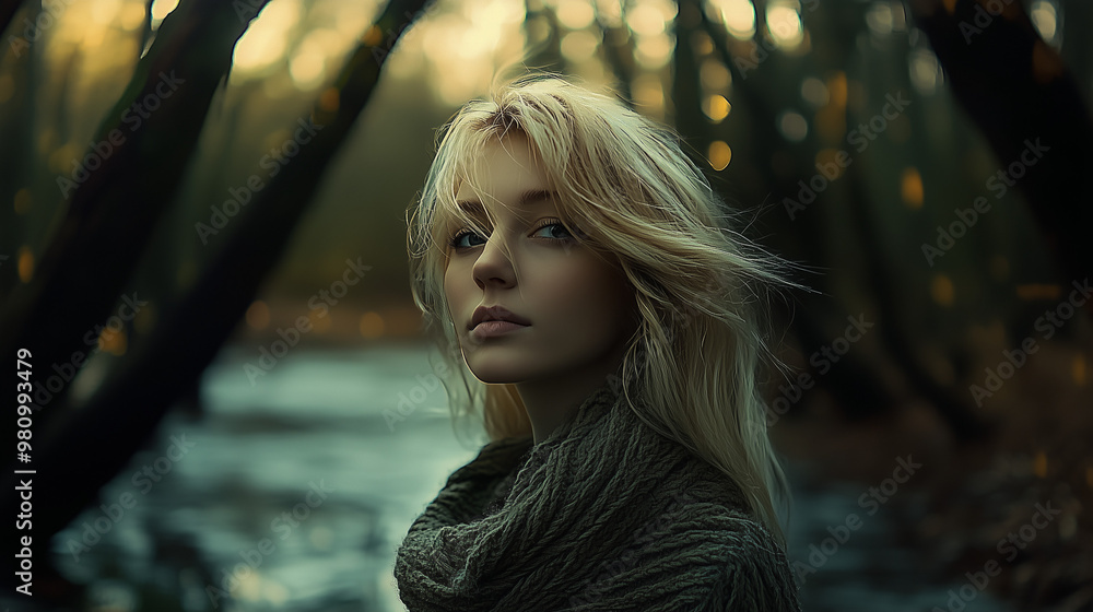 Wall mural Beautiful blonde woman outdoor portrait on evening light