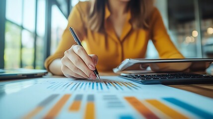 A person analyzing data with charts and graphs, using a pen and tablet in a modern workspace.