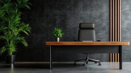Modern executive office with leather chair, wooden desk, and greenery, set against a dark textured wall for a sophisticated look.