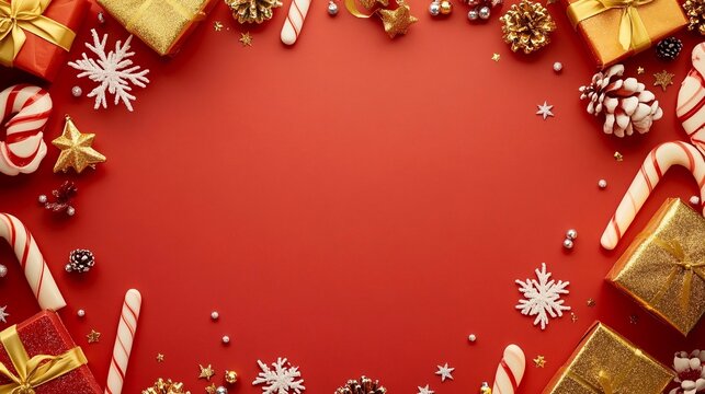 Carta da parati in stile natalizio. Sfondo rosso con ampio spazio vuoto al centro per il testo. Cornice di stelle dorate e ornamenti natalizi