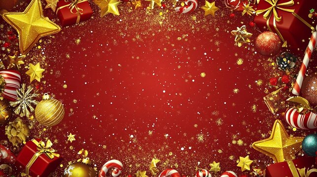Carta da parati in stile natalizio. Sfondo rosso innevato con ampio spazio vuoto al centro per il testo. Cornice di stelle dorate e ornamenti natalizi