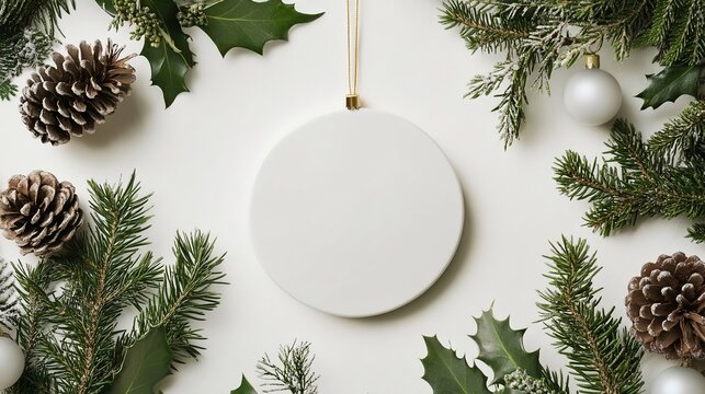 Ornamento piatto e circolare in porcellana, bianco, lucido con filo d'oro per appenderlo. Circonda l'ornamento una elegante vegetazione natalizia, tra cui rami d'abete, agrifolio e pigne.