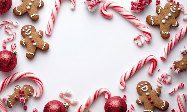Cornice per foto natalizia con bastoncini di zucchero e biscotti omini di pan di zenzero su sfondo bianco trasparente con al centro lo spazio per scrivere 