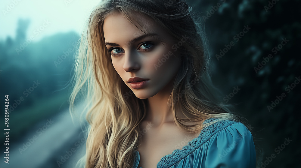 Canvas Prints Sensual portrait of young blonde woman with blue eyes on dark background