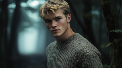 Beautiful smiling man in autumn forest in rain