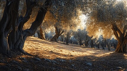 Fototapeta premium A panoramic view of an olive garden under the warm sun 