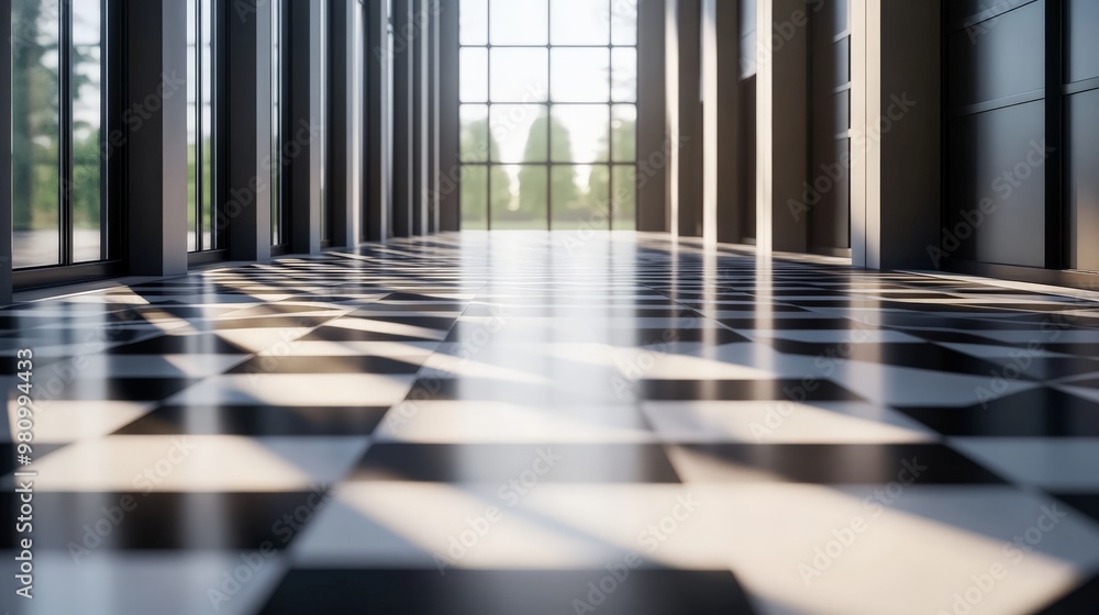 Poster modern hallway with large windows casting light patterns on a black and white checkered floor, creat