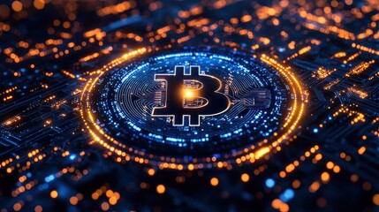Bitcoin Cryptocurrency Symbol on Circuit Board with Glowing Lights
