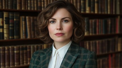 A confident woman wearing a green plaid blazer, standing in a well-furnished library filled with ancient books, showcasing an intellectual and professional ambiance