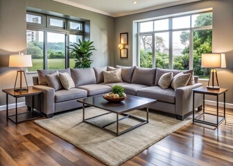 Spacious 12x12 living room with sleek gray sectional sofa, console table, area rug, and floor lamp, showcasing a