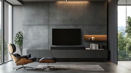 Modern living room featuring a sleek design with a TV, comfortable chair, and large windows for natural light.