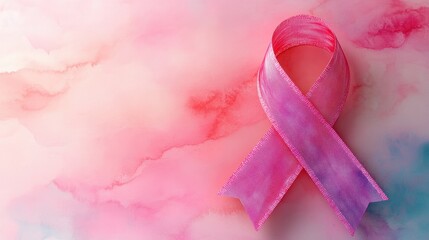 A vibrant pink ribbon on a soft watercolor background, symbolizing awareness and support for breast cancer advocacy.