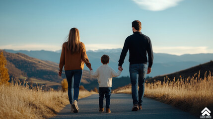 A family of three walking hand in hand on a peaceful mountain road, surrounded by beautiful natural scenery.