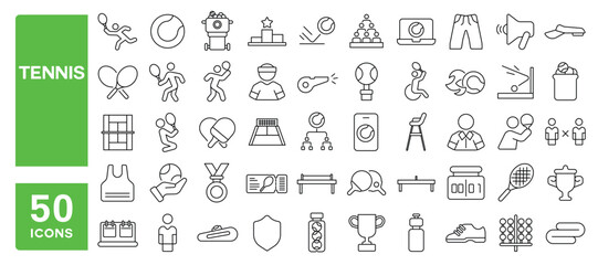 Set of 50 line icons related to tennis, racket, court, ball, playing, player, swing, trophy, competition, athletic, board, forehand, padel, Editable stroke. Vector illustration