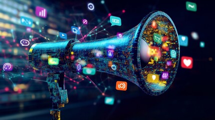 Megaphone featuring vibrant social media icons, symbolizing modern digital communication and engagement in a dynamic, contemporary setting with a high-tech aesthetic