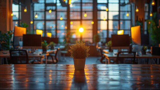 An inspiring and modern open-plan office space filled with warm natural light from the large windows during sunset, offering a calming workspace environment