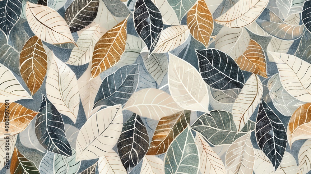 Poster this leaf pattern features a combination of hand-drawn and stylized leaves in a repeating layout.