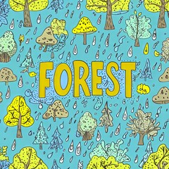 Colorful illustration of a whimsical forest with trees and raindrops.