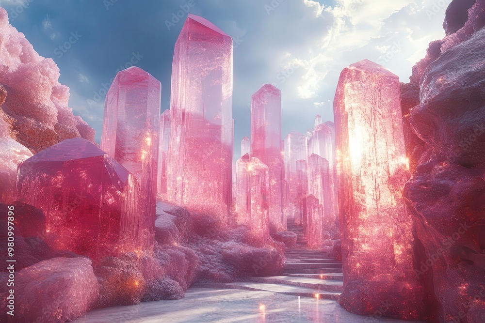 Wall mural surreal geometric dreamscape with floating crystalline structures iridescent light refracts through 