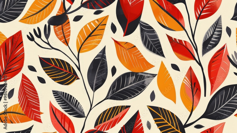 Aufkleber this leaf pattern features stylized leaves and abstract shapes arranged in a repeating, modern desig